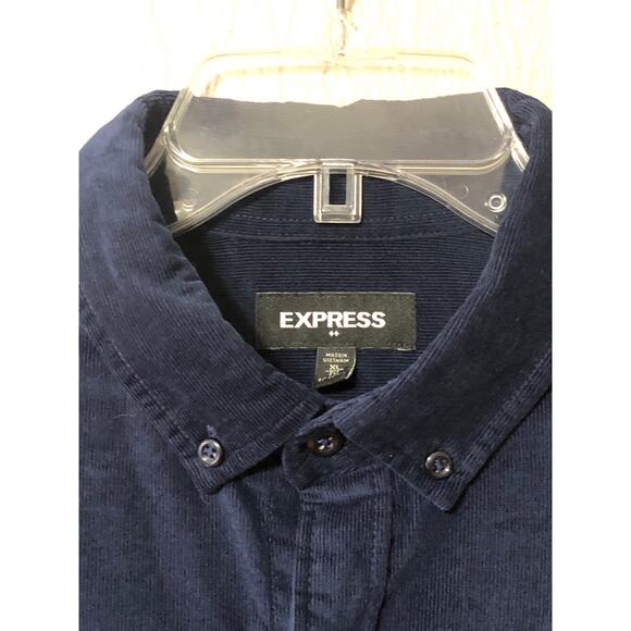 Express Solid Corduroy Button Down Casual Shirt Top Navy Blue Academia 17-171/2 - Picture 3 of 11